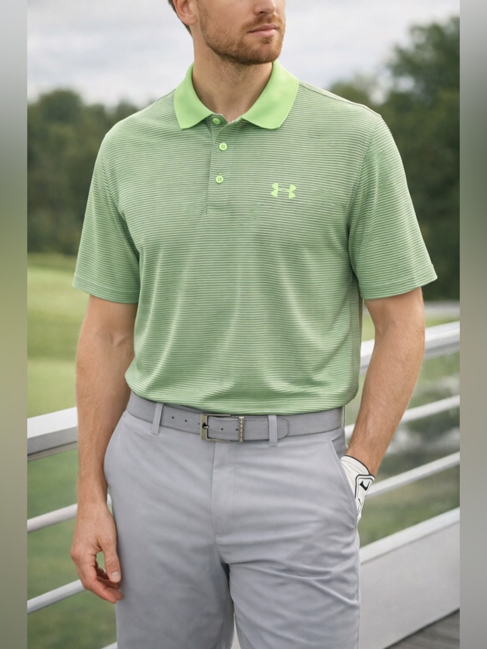 Under Armour HeatGear Polo Shirt Men’s Large Green Striped Performance Golf